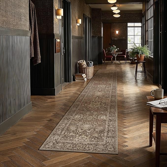 HUGEAR Hallway Runner Rugs 2x12 Brown Washable Rug Neutral Vintage Rug Carpet Distressed Soft Durable Non Slip No Shedding for Indoor Bedroom Kitchen Dining Nursery Laundry