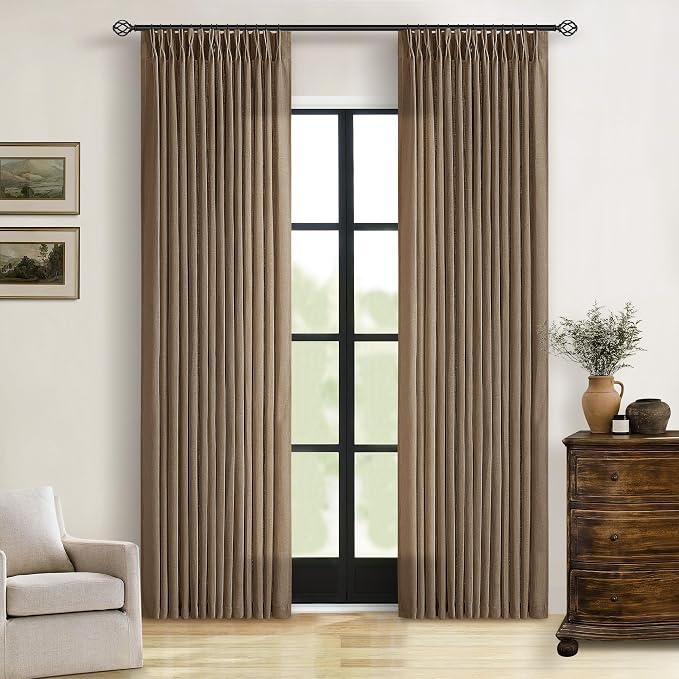 TWODRAPES Brown Pinch Pleated Linen Curtains 84 Inches Long 2 Panels Set Living Room Dining Pinch Pleat Back Tab Light Filtering Boho Farmhouse Bedroom Window Curtain Drapes 84 Inch Length Dutch Cocoa