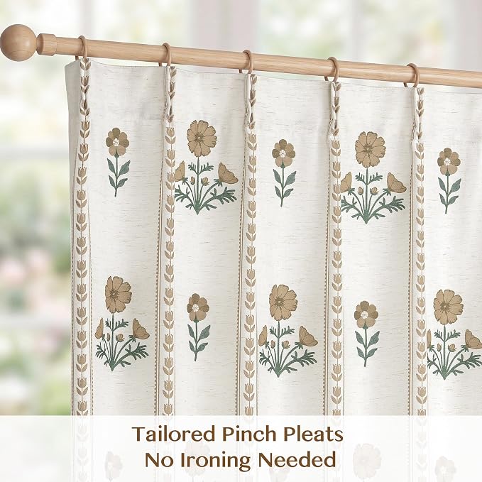 THREE GIRLS Pinch Pleated Light Filtering Linen Blend Floral Block Print Curtains for Bedroom, Dining Room, Living Room, Farmhouse, Memory Trained, Hooks, 2 Panels Set, 40"x102", Brown