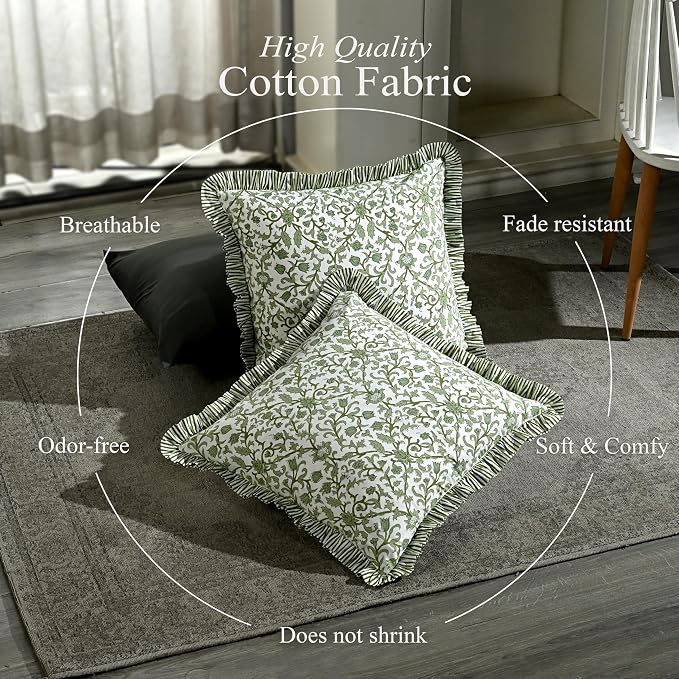 CPC Meadow Vine Hand Block Print 100% Cotton Ruffle Throw Pillow Cover 24x24 inch with Hidden Zipper Decorative for Couch, Bed, Sofa, Farmhouse, Cottagecore Decor Gift Christmas Fall Thanksgiving