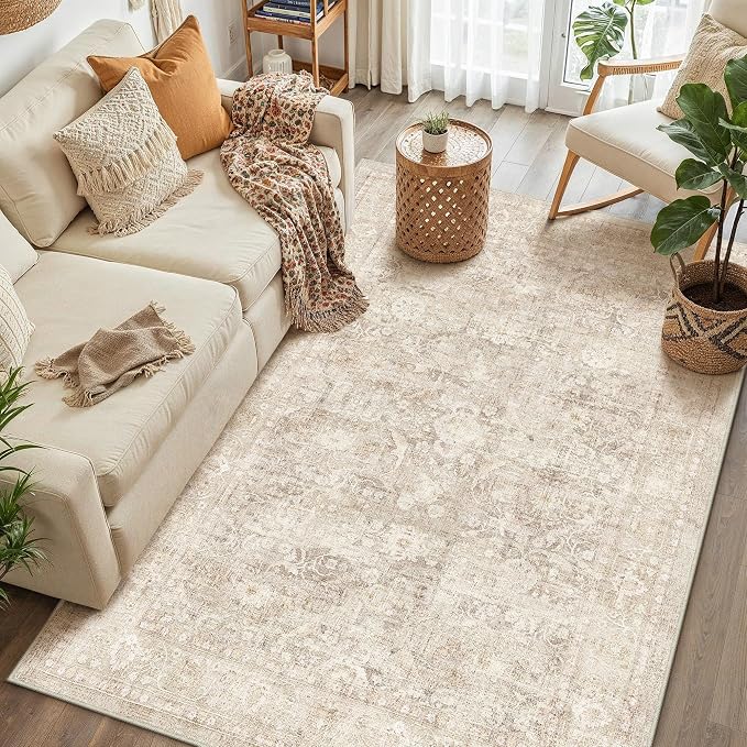 3x4 Beige Washable Area Rug for Living Room Bedroom Neutral Soft Non Slip Rug Low Pile Vintage Distressed Carpet for Dining Room Nursery Office Indoor
