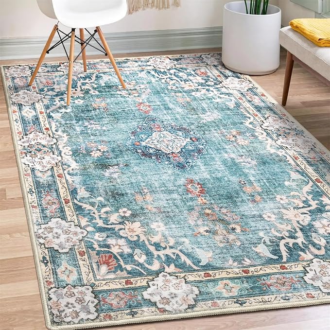 MUJOO Boho Rug 3x5 Washable,Small Area Rugs Non Slip Low-Pile Floral | Machine Washable Throw Carpet for Entryway Bedroom Bedside Kitchen Hallway Living Room Soft Indoor Flowers Blue Colorful