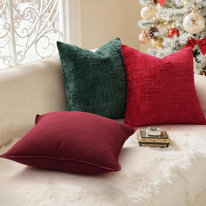 decorUhome Fall Burgundy Linen Throw Pillow Covers 20x20 Set of 2 | Decorative Soft Cozy Modern Farmhouse Boho Accent Pillow Cases with Flange Edges for Couch Bed Sofa Living Room Home Decor