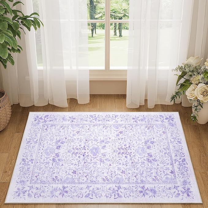 DUKINO 2x3 Entryway Rug, Washable Vintage Floral Area Rug, Purple | Non Slip, Low Pile, Non-Shedding, Soft Indoor Door Mat, Small Front Door Throw Carpet for Bathroom Kitchen Entrance Bedroom