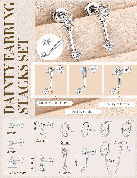 Florideco Small Stud Hoop Earrings for Women Hypoallergenic 14K Gold Plated Surgical Stainless Steel Flat Back Earrings Dainty Hoop Stud Earring Stacks Cartilage Earring Set for Multiple Piercing