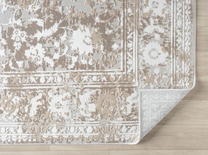 Amber Traditional Floral Area Rug for Living Room, 4x6 Vintage Persian-Inspired Beige Neutral Rug, Medium Pile Stain Resistant Carpet for Bedroom, Dining Room or Kitchen (4' x 6', Beige)