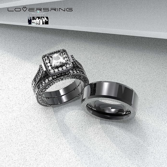 Couple Ring Bridal Set His Hers Women 10k White Gold Filled AAA Cz Men Stainless Steel Wedding Ring Band Set