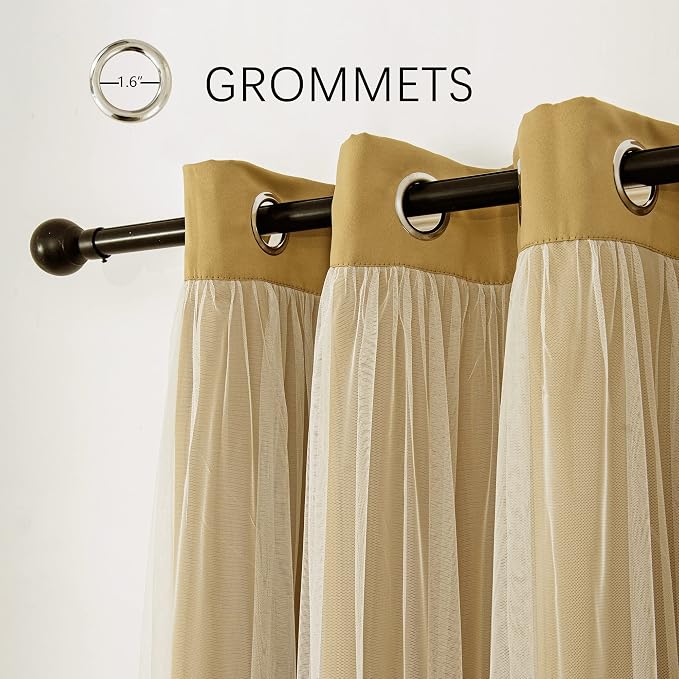 INLINAS Gold Blackout Curtains with Sheer Overlay - Grommet Top Thermal and Noise Reduction Panels for Bedroom and Living Room Light Blocking and Energy Saving, 37 x 63 Inches, Set of 2