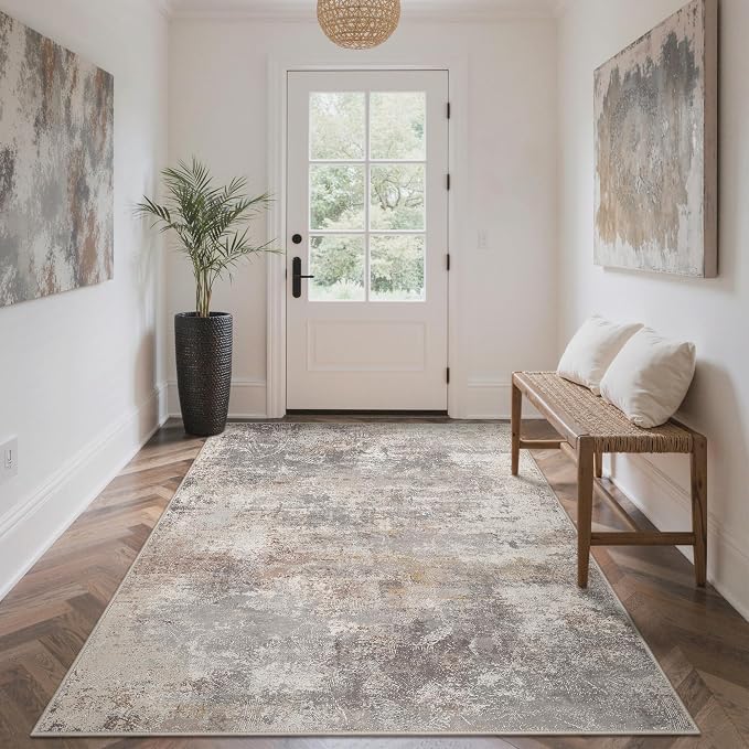 GENIMO Washable 5x7 Area Rugs for Living Room, Non Slip Modern Abstract Rug, Machine Washable Stain Resistant Low Pile Soft Carpet for Bedroom, Dining, Office, Light Grey Brown
