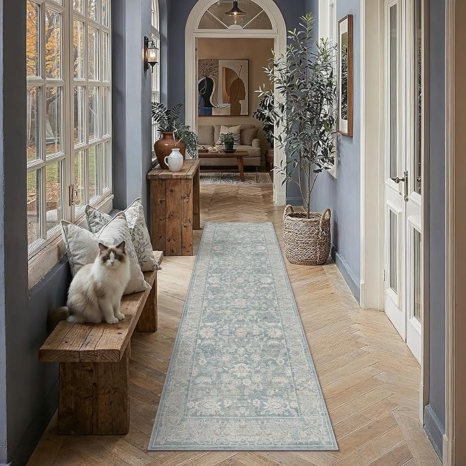 2x8 Blue Washable Runner Rug Non Slip Retro Distressed Carpet | Soft Low Pile, Lightweight Foldable, Pet Friendly, Hallway, Kitchen, Bathroom, Front Door, Beside Bed
