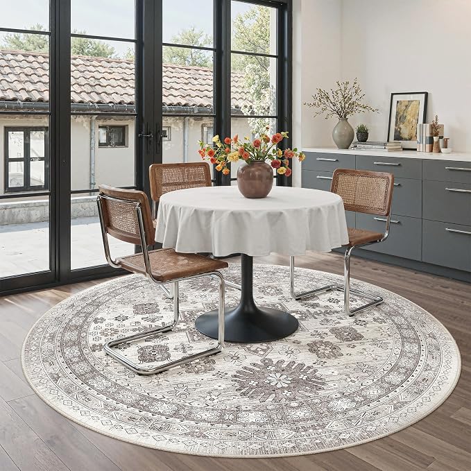 zesthome Washable Round Area Rugs - Non-Slip 6ft Round Rugs, Ultra-Thin Large Circle Rugs for Living Room, Soft Low Pile Rug for Bedroom, Kitchen, Nursery - Vintage Round Rug(Brown/Beige,6'x6')