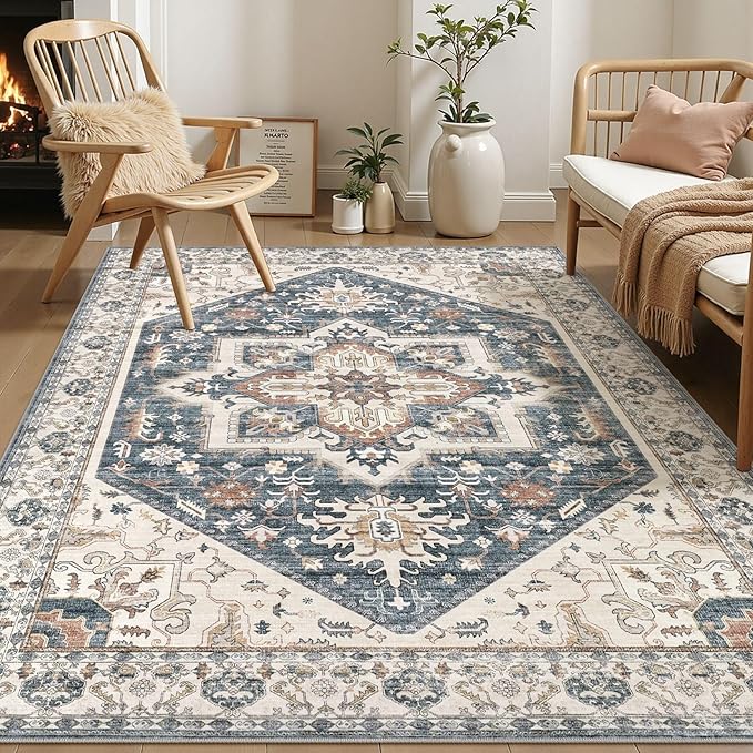 Area Rug for Living Room - 6x9 Washable Oriental Vintage Floral Distressed Large Soft Carpet - Fade Stain Resistant Non Slip Rugs for Bedroom Dining Room Nursery Dorm Office Home Decor - Vintage Blue