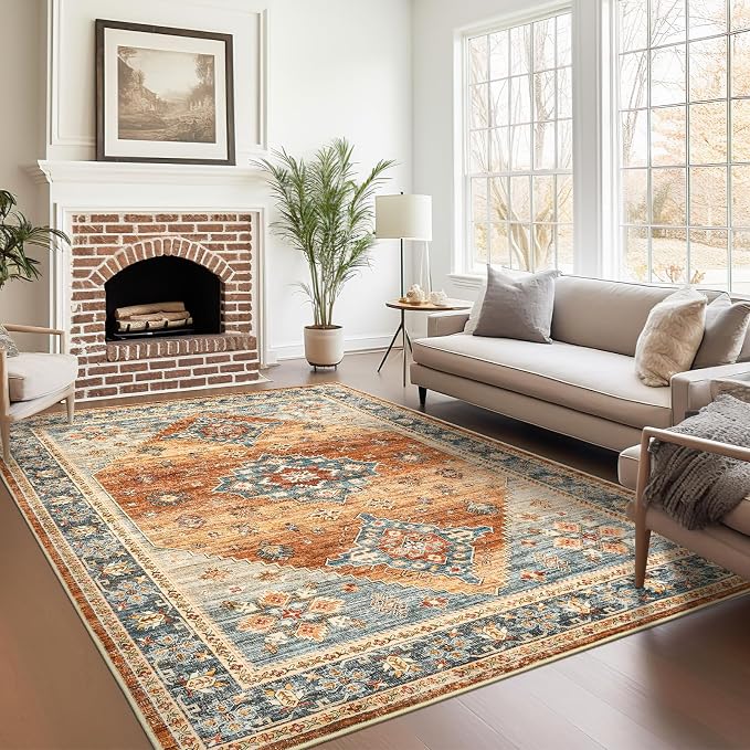 Roxstand 5x7 Washable Area Rugs, Non Slip Living Room Rug Navy/Orange | Low Pile Vintage Rug, Stain Resistant, Non-Shedding Design, Pet & Kid Friendly, Carpet for Bedroom, Dining Room Office