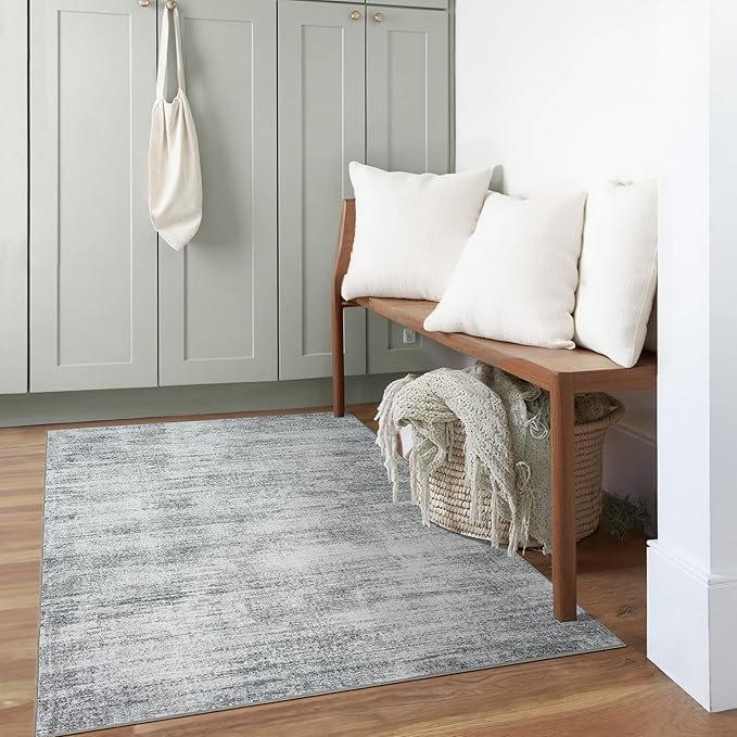 BILEEHOME Light Grey Modern Rug for Dorm 3x5 Washable Low Pile Floor Carpet | Gray Neutral Abstract Area Rugs, for Laundry Room Entryway Bedroom, Soft, Non Slip Stain Resistant Foldable, 3 By 5