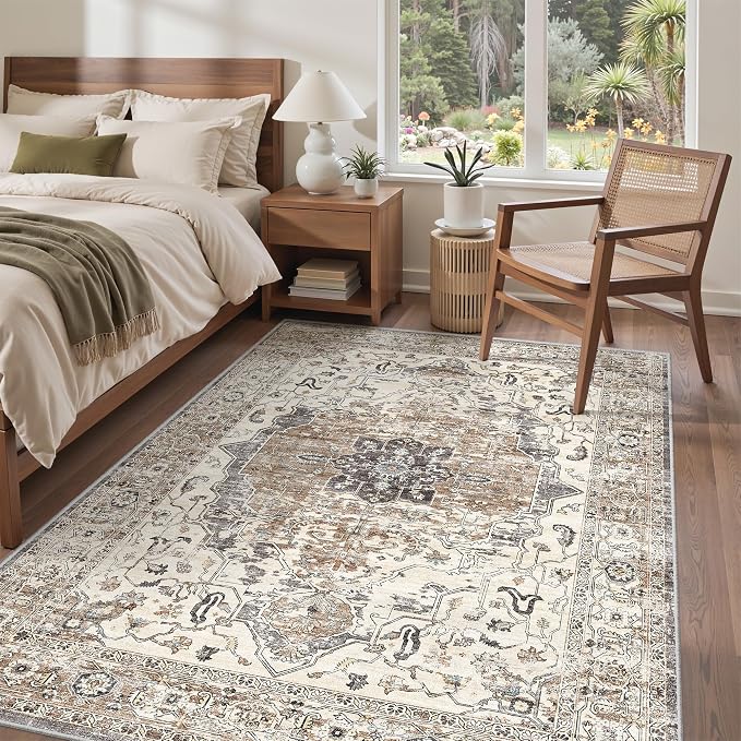 befbee 5x7 Area Rugs for Living Room, Stain Resistant Neutral Washable Rugs for Dining Room, Floral Vintage Non-Slip Thin Large Size Area Rug (Brown/Grey)