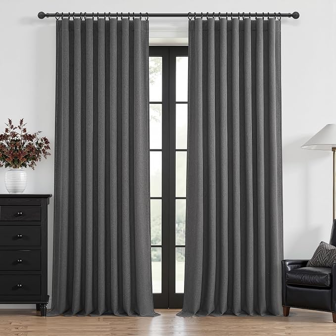 Dark Grey Blackout Curtains 84 Inch Length 2 Panels Set for Bedroom,Modern Faux Linen Room Darkening Pleated Charcoal Gray Burg with Rod Pocket 84 Inch Insulated Curtain for Office Sunroom (50"Wx84"L)