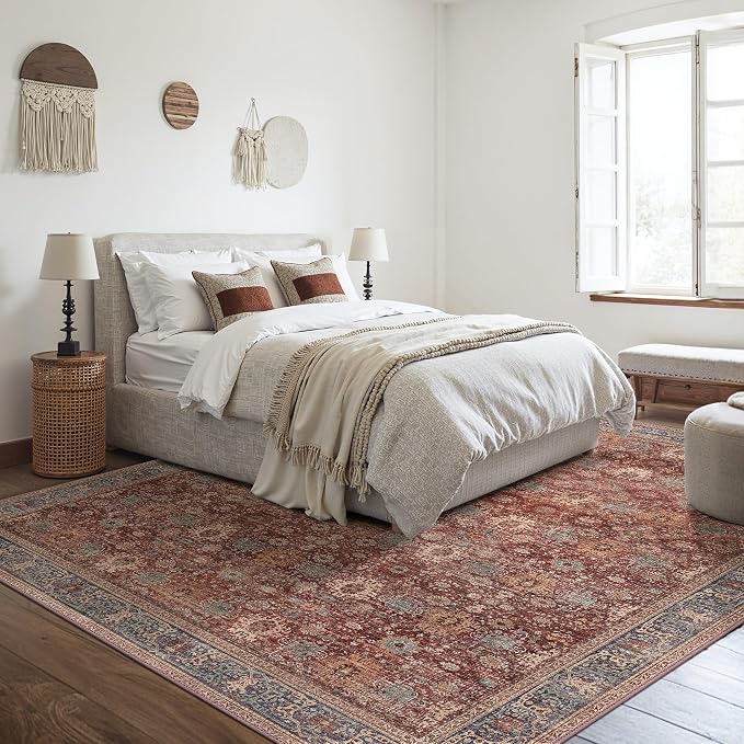 BESBLEE 9X12 Area Rugs Machine Washable Rugs for Living Room, Vintage Boho Large Rugs for Bedroom Dining Room, Non Slip Indoor Soft Distressed Lightweight Thin Low Pile Carpet, Red Brown