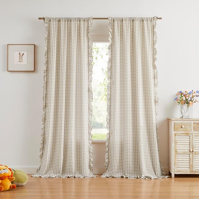 ZJDECOR Khaki White Plaid Ruffle Window Curtains 95 Inches Long for Bedroom | Crinkled Not-See-Through Sheer Panels,Gingham Rustic Drapes,Living Room,Cottage Window Treatment,Rod Pocket,40"Wx95"Lx2
