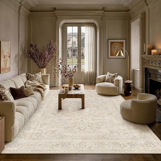 8x10 Cream Washable Area Rug for Living Room Bedroom Neutral Floral Soft Non Slip Rug Low Pile Distressed Carpet for Dining Room Nursery Office Indoor