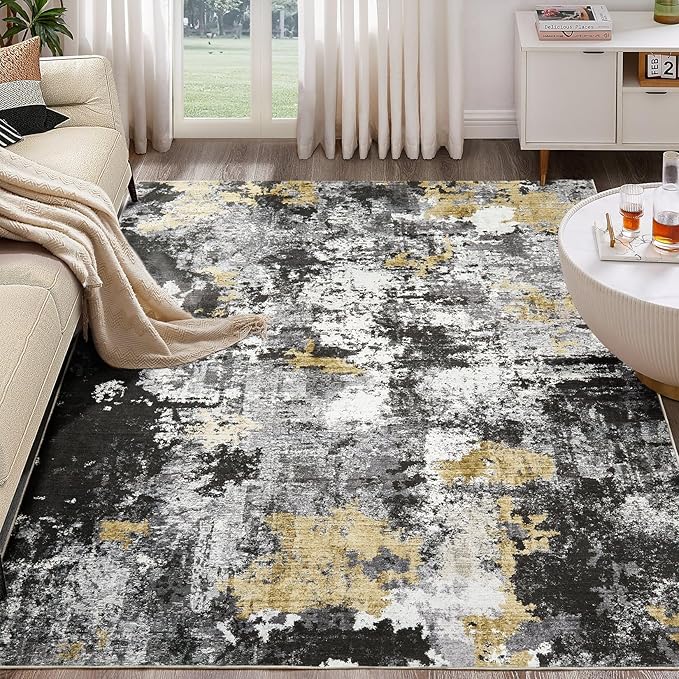 Abstract 9x12 Area Rug: Machine Washable Non Slip Ultra Thin Low-Pile Carpet, Soft Stain Resistant for Living Dining Room Bedroom, Kid Pet Friendly, Robot Vacuum Compatible - Black Gold