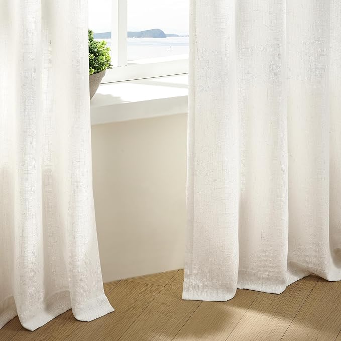 Natural 72 Inch Pinch Pleated Linen Semi Sheer Curtains 2 Panels W40xL72 | Memory Shape Trained, for Living Room Bedroom Cabin Closet, 400GSM Fabric, Cream Ivory, Pinch Pleat with Hooks Rings Back Tab
