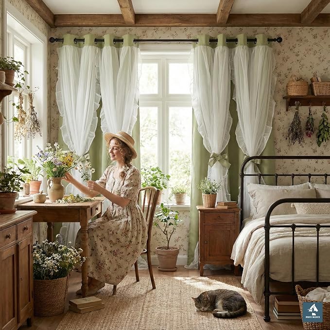 PONY DANCE Blackout Curtains for Whimsical Forest Teen Room，Double Layer Drapes Ruffle Sheer Overlay Farmhouse Rustic Design, W 52 x L 84 Inches, Meadow Green, 2 Panels