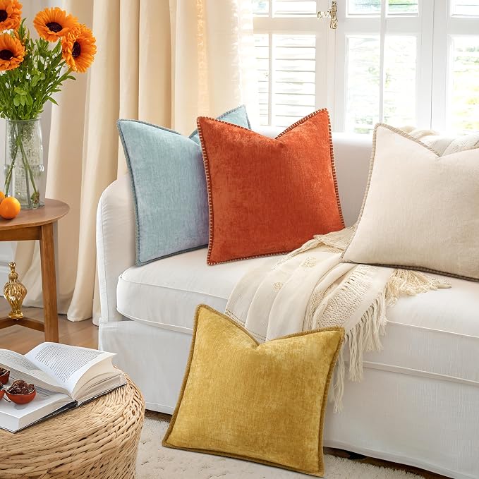 decorUhome Fall Soft Decorative Chenille Throw Pillow Covers 16x16 Set of 4 | Rust Orange Decorative Modern Farmhouse Neutral Pillow Cases with Stitched Edge for Couch Sofa Bed Living Room Home Decor