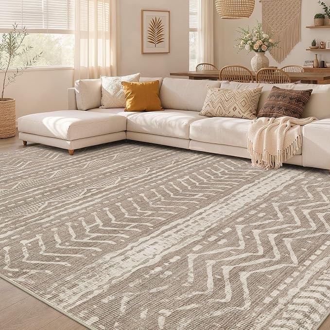 Nakagishi Area Rug Living Room Rugs: 11x15 Large Soft Machine Washable Boho Moroccan FarmNeutral Stain Resistant Indoor Floor Carpet for Bedroom Under Dining Table Home Office Decor-Dark Brown