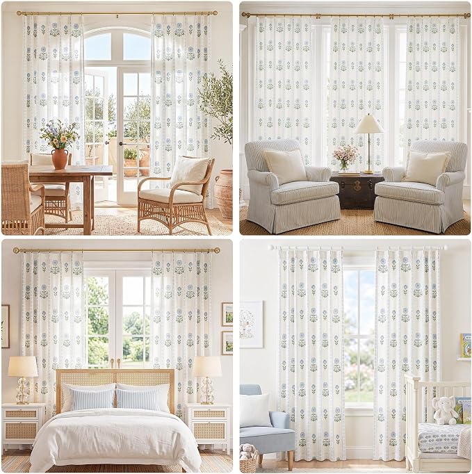 THREE GIRLS Pinch Pleated Light Filtering Linen Blend Floral Block Print Curtains for Living Room, Bedroom, Modern Farmhouse, Memory Trained, Hooks, 2 Panels Set, 40"x90", Blue