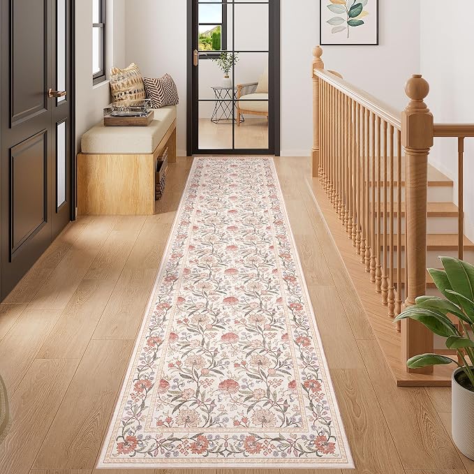 DUKINO 2x8 Runner Rug, Washable Vintage Floral Kitchen Rugs, Beige Pink | Non Slip, Low Pile, Stain Resistant Aesthetic Soft Carpet Runner for Hallway Bathroom Entryway Bedroom Farmhouse Laundry Room