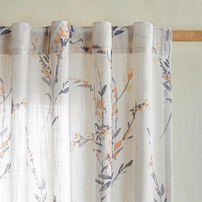 MYSKY HOME Sheer Curtains 108 Inch Length Semi Flax Linen Floral Farmhouse Curtains for Living Room Sliding Glass Door Window Curtain Panels Light Filtering Privacy Protect Drapes Set, Yellow, 2 Pcs