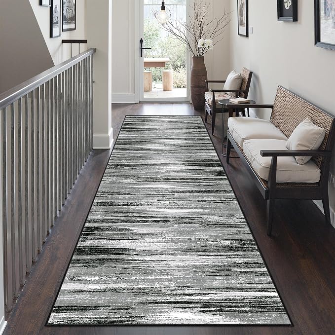 2'6 x 8' Runner Rug Non Slip,Washable Kitchen Rugs,Black | Neutral Rugs for Kitchen,Entryway,Bedroom,Bathroom,Nursery Room,Thin,Soft Runner Rug,Stain Resistant Indoor Carpet