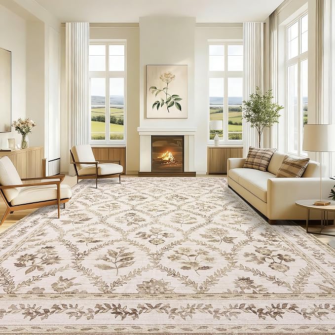 Area Rug Tan 6x9 Boho Floral Washable Area Rug Non Slip Carpet Floor Indoor for Living Room, Machine Washable Floor Covering for Geust Bedroom, Brown Counrty Floral for Dining Room