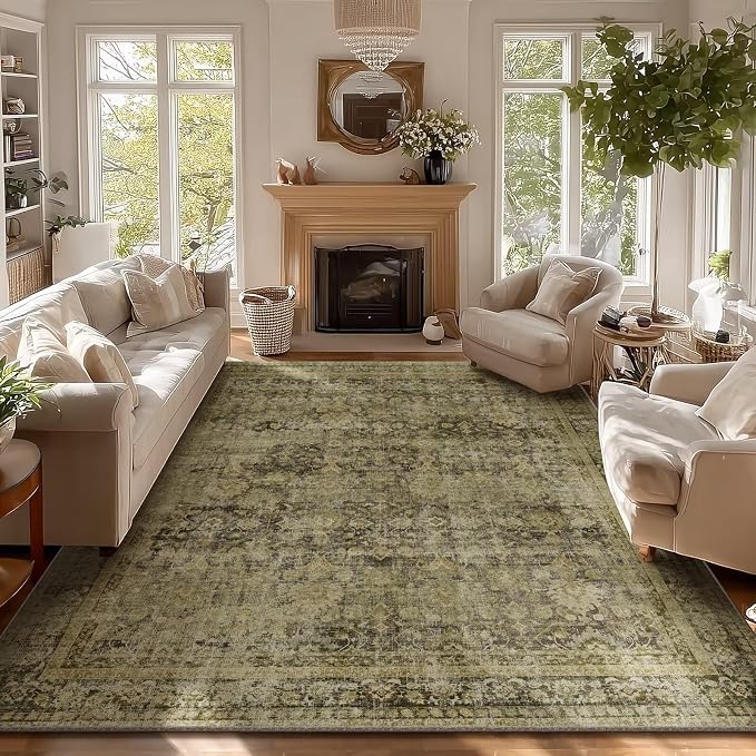 Boho Washable 8x10 Area Rugs for Living Room, Cushioned, Dark Green | Vintage Non-slip Neutral Oriental Rugs for Bedroom Dining Room Nursery Office High Traffic Area