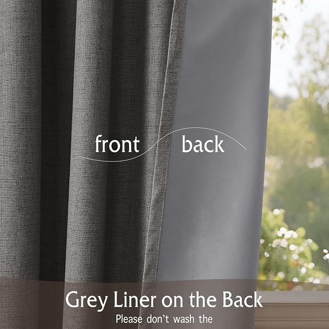 RYB HOME Pinch Pleated Back Tab Curtains Linen Textured 100% Blackout Curtains Thermal Insulated for Bedroom Living Room Bay Window Drapes, W 42 x L 96 inches, Grey, 2 Panels