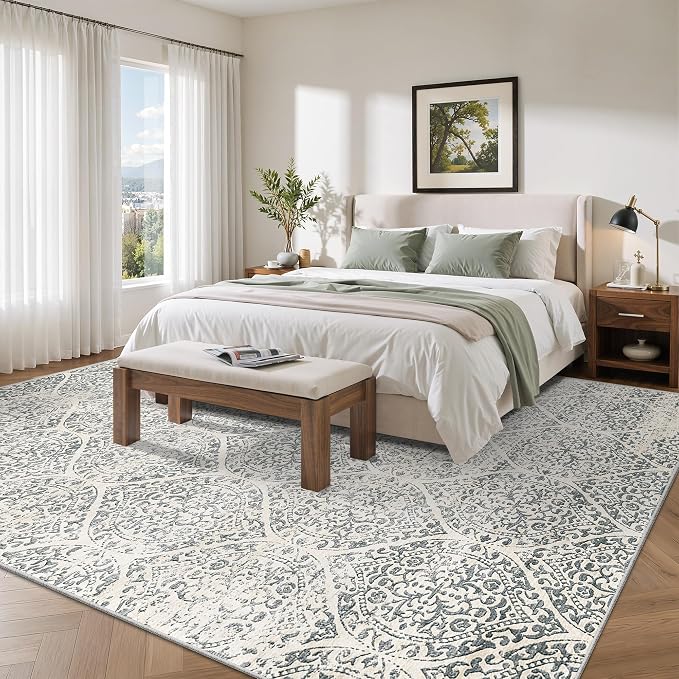 Soalmost 10x14 Area Rug for Living Room, Washable Moroccan Trellis Soft Rug | Stain Resistant Non-Slip Low Pile Natural Extra Large Carpet for Dining Room Bedroom Home Office Nursery Grey, 10'x14'