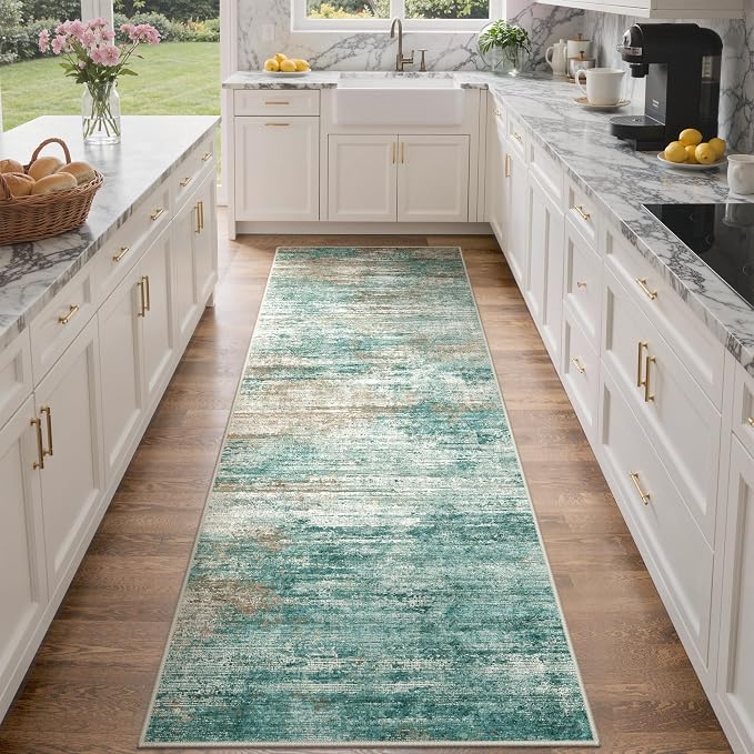 GENIMO Runner Rug Non Slip 2'6"x8', Washable Rug Runner for Hallways Kitchen, Abstract Modern Kitchen Rugs, Low Pile Lightweight Carpet Runners for Entryway, Bedroom, Laundry, Teal Brown