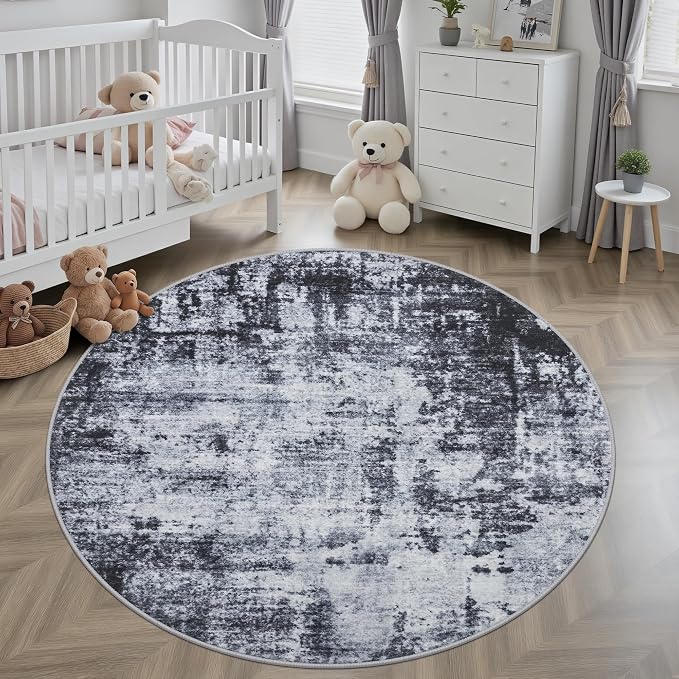 Round Area Rug for Living Room: 8 ft Washable Modern Abstract Soft Thin Rug Indoor Floor No Slip Stain Resistant Carpet for Bedroom Dining Room Farmhouse Nursery Home Office - Dark Black