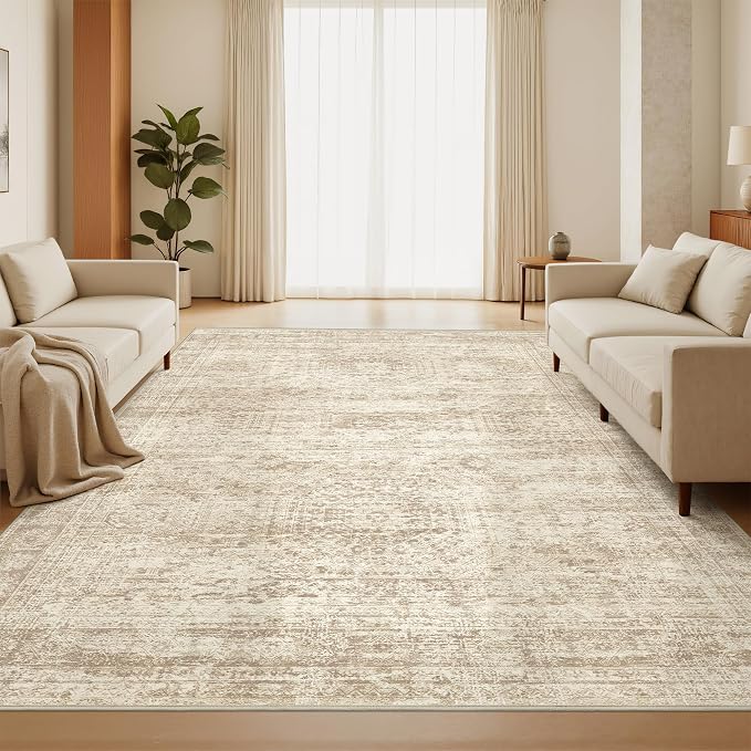 6x9 Area Rugs for Living Room,Large Washable Rug,Beige | Rugs for Bedroom,Dining Room,Office,Low Pile,Soft, Neutral Rug,Stain Resistant Indoor Carpet,Non Slip,Home Decor