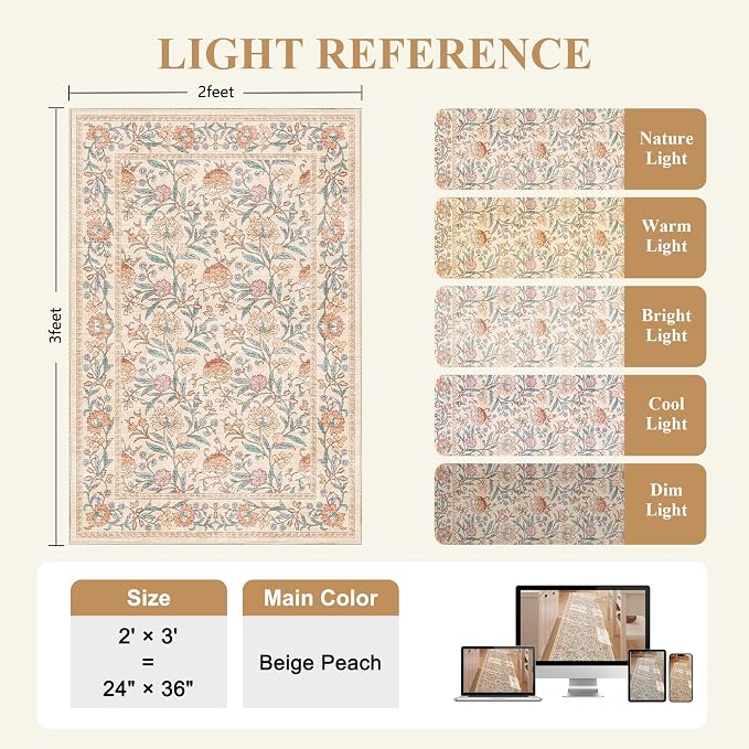 DUKINO 2x3 Rug, Washable Vintage Floral Bathroom Rugs Non Slip, Beige | Low Pile, Stain Resistant Boho Soft Indoor Door Mat, Small Front Door Carpet for Entryway Kitchen Laundry Bedroom Farmhouse