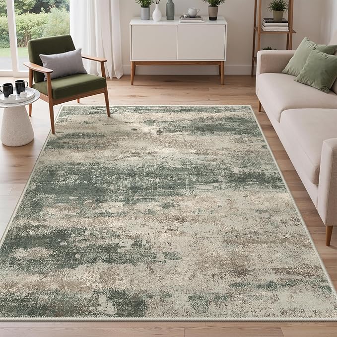 GENIMO Area Rug 5x7 Washable Abstract Modern Rug Non Slip, Throw Rugs Neutral Low Pile Lightweight Soft Large Carpet for Living Room, Bedroom, Dining Room, Sage Green Sand
