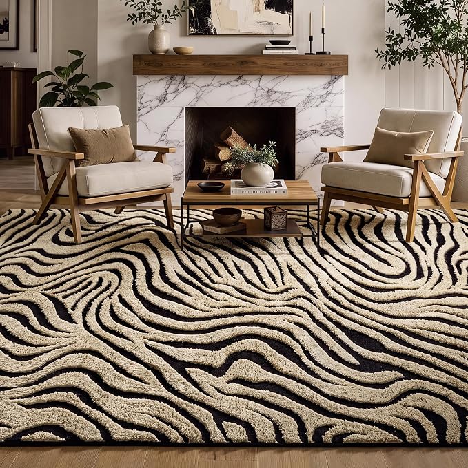 YIHOUSE 8×10 Ft Zebra Area Rugs Black and Beige: Washable Nonslip Plush Soft Rug for Living Room - High-Low Striped Carpet for Bedroom Dining Room Office Playroom Nursery Home Decor