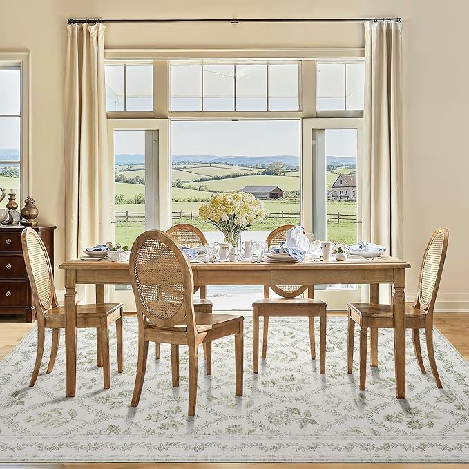 Sage Green Rugs for Bedroom 6x9 Area Rug for Living Room Machine Washable Light Green Cream Beige Printed Non-Slip Vintage Floral Distressed Indoor Boho Farmhouse Carpet for Dining Room Home