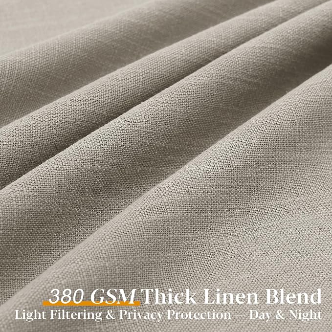 Grey Beige Pleated Linen Curtains 120 Inch Length 2 Panels Set Semi Sheer Light Filtering Tan Brown Window Drapes for Living Room Modern Viral Pinch Pleated Curtains 120 Inches with Hooks Rings Clips