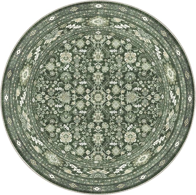 OPPODREAM Low-Pile Area Rugs, Faux Wool Carpet for Living Room, Kitchen, Office, Dorm, Bedroom, Vintage Washable Rug Non Slip, Dark Green, 5'