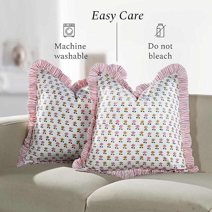 CPC Rosette Bloom Hand Block Print 100% Cotton Ruffle Throw Pillow Cover 18x18 inch with Hidden Zipper Decorative for Couch, Bed, Sofa, Farmhouse, Cottagecore Decor Gift Christmas Fall Thanksgiving