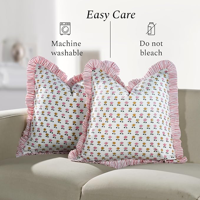 CPC Rosette Bloom Hand Block Print 100% Cotton Ruffle Throw Pillow Cover 24x24 inch with Hidden Zipper Decorative for Couch, Bed, Sofa, Farmhouse, Cottagecore Decor Gift Christmas Fall Thanksgiving