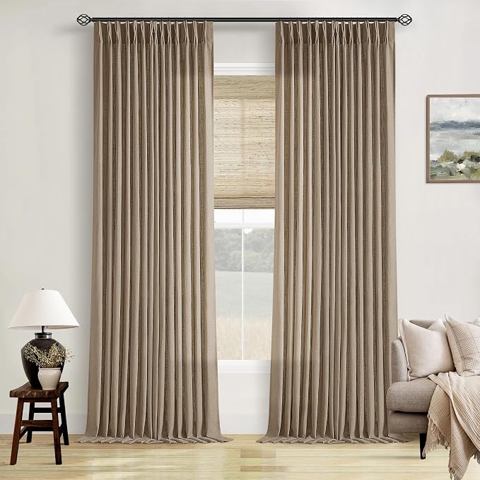 Light Brown Pinch Pleated 105 Inch Curtains 2 Panels Set for Windows White Linen Blend Curtains Pinch Pleat Back Tab Privacy Light Filtering Latte Drape with Hooks and Rings for Living Room Bedroom