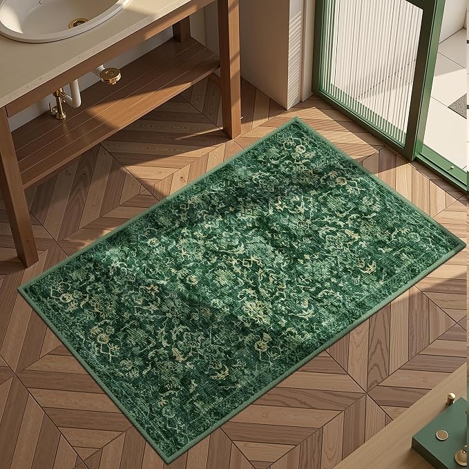 Dark Green 2x4 Runner Rug for Hallways Bed Side Kitchen, Boho Washable Distressed Low-Pile Floor Entryway Long Bathroom Mat, Non-Slip Laundry Room Washstand Front Carpet Green 24x48 Inch