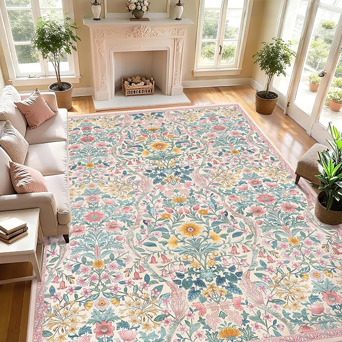 9x12 Pink Vintage Floral Area Rug,Washable Large Boho Living Room Rugs,Botanical Print Non-Slip Stain Resistant Lightweight Carpet for Bedroom Dining Room Nursery